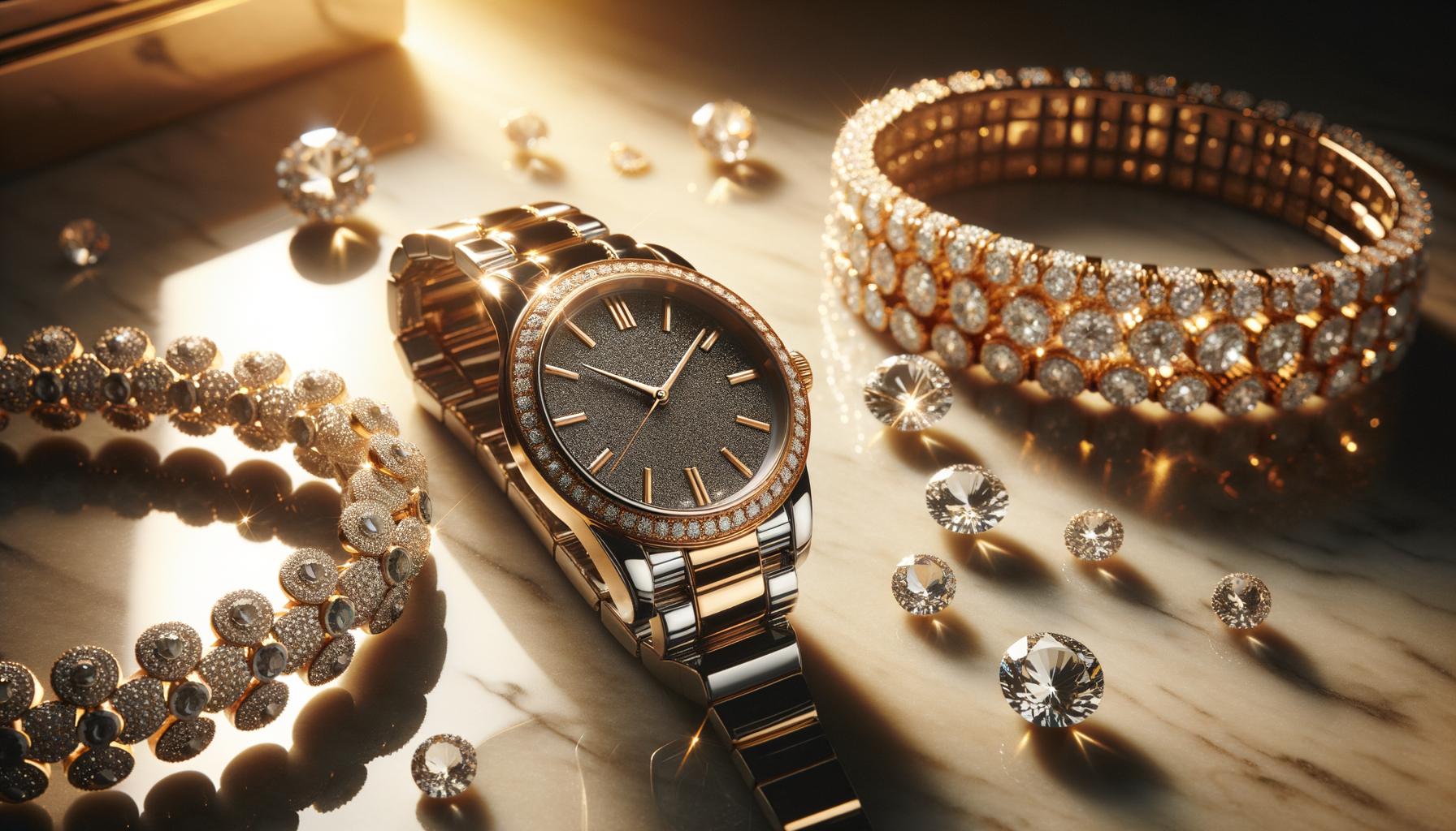 luxury watch and bracelets on marble with soft golden lighting, elegant and refined