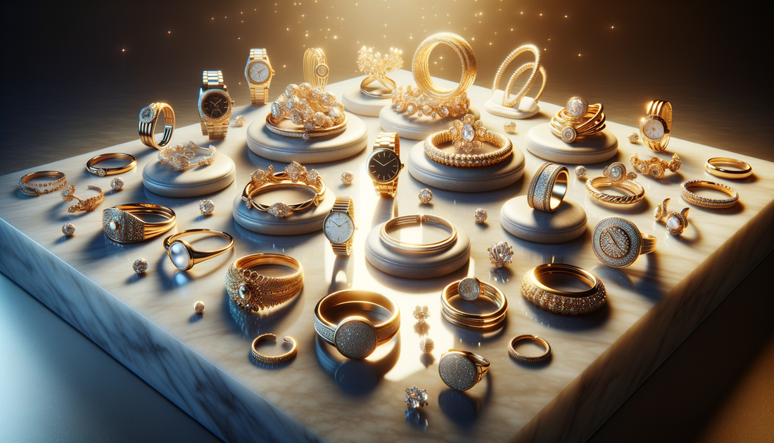 luxury jewelry and watches displayed on marble with soft warm lighting