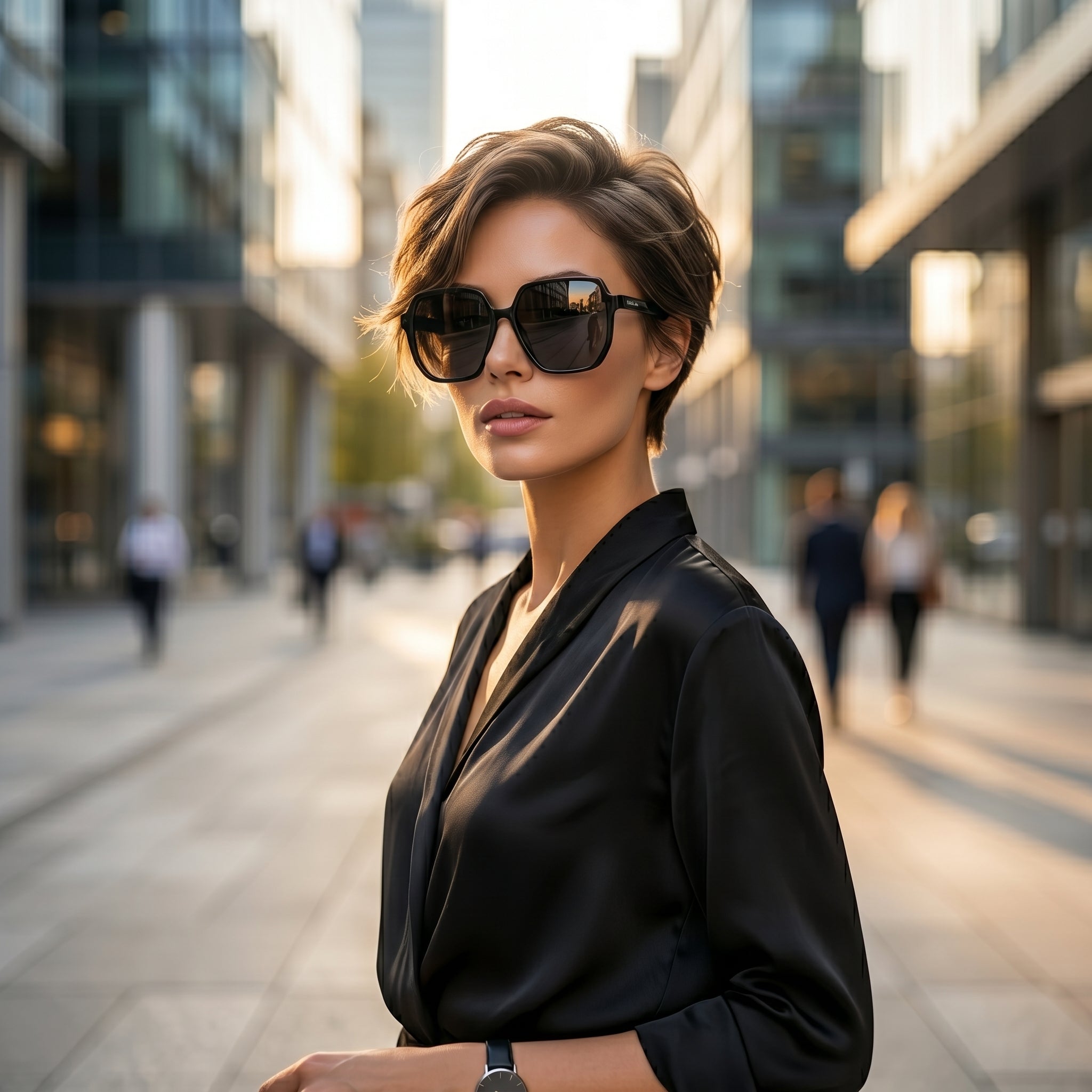 Woman in a black outfit and sunglasses standing on a city street.