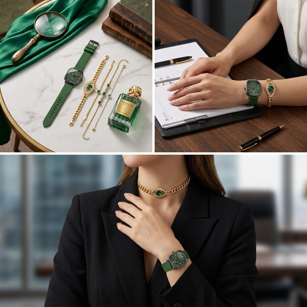 Collage of green jewelry including watches, bracelets, and a necklace on a marble surface, with a person wearing the jewelry.