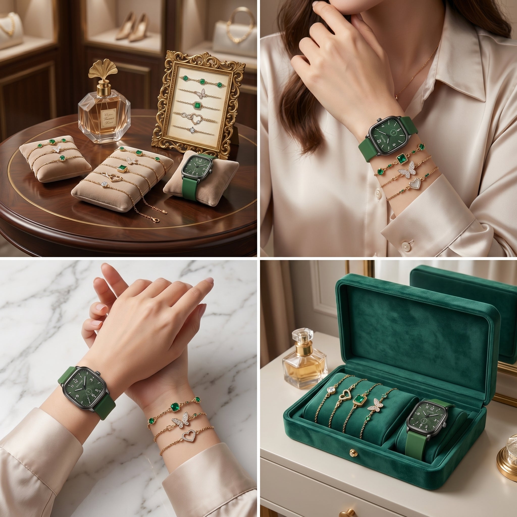 Collage of green jewelry including watches and rings with a focus on presentation and wear.