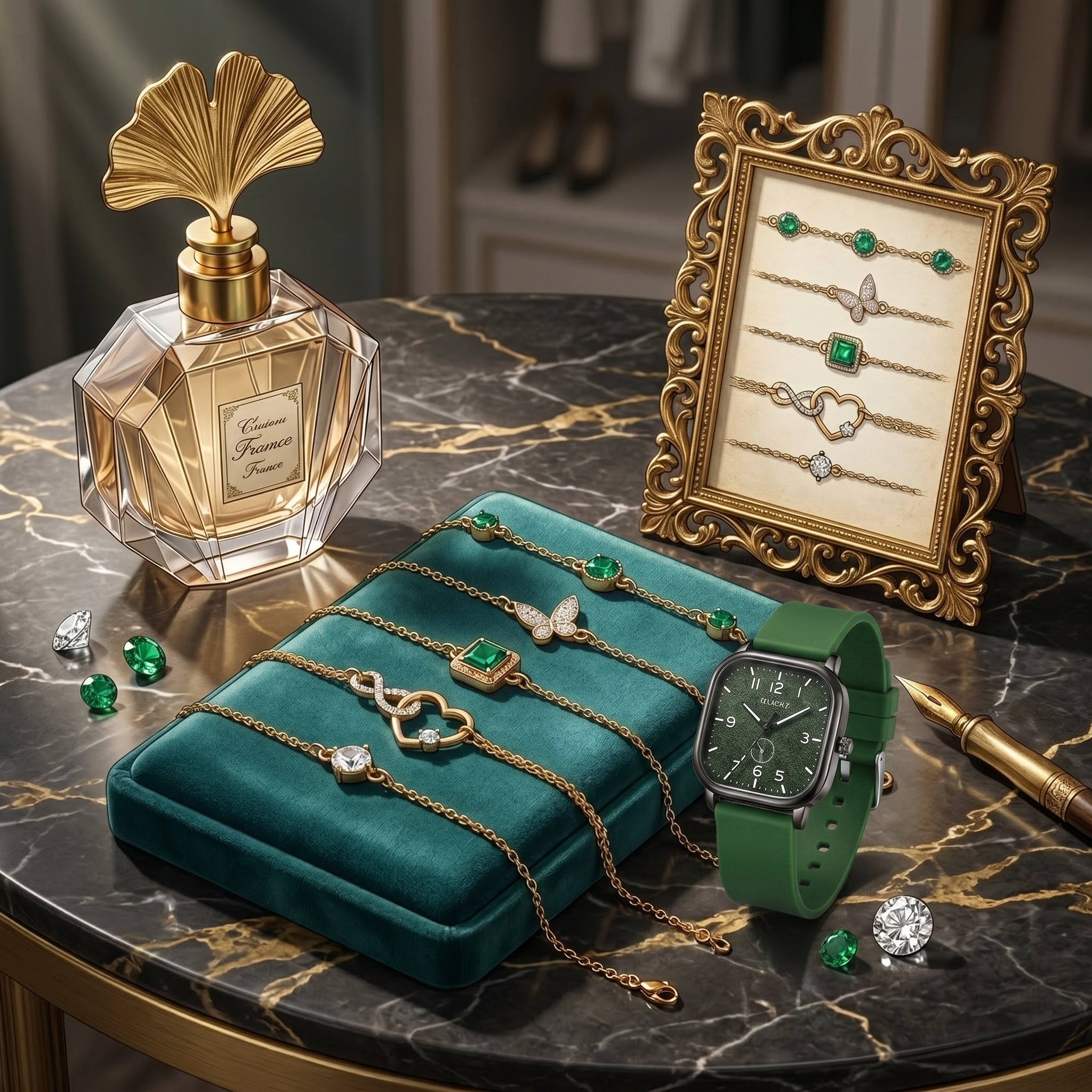 Jewelry set including a watch, bracelets, and a perfume bottle on a marble surface.