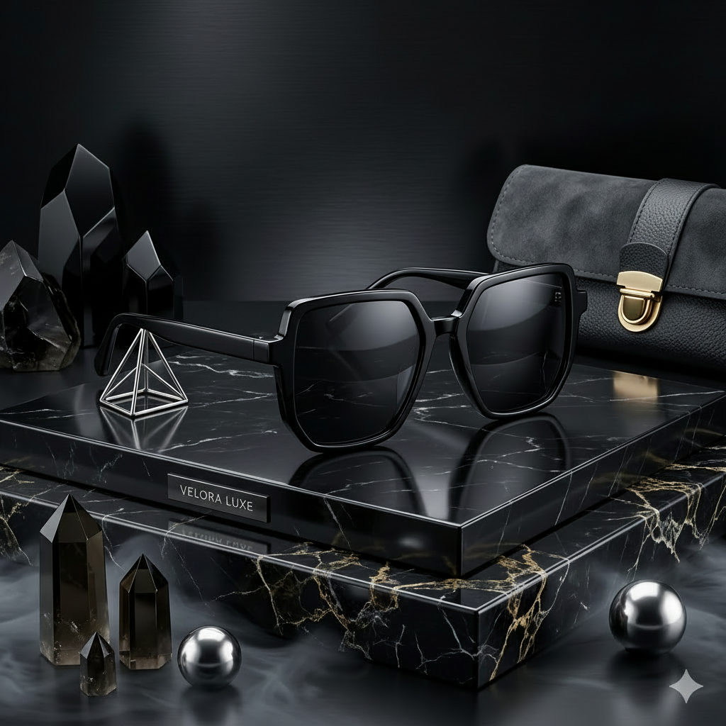 Black sunglasses on a marble surface with crystals and a black bag in the background