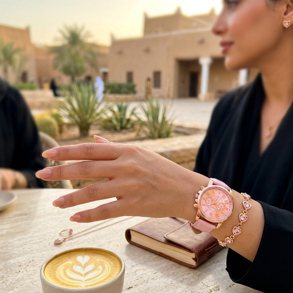 Velora Luxe Heart Watch and Bracelet Set Romantic Gold Silver