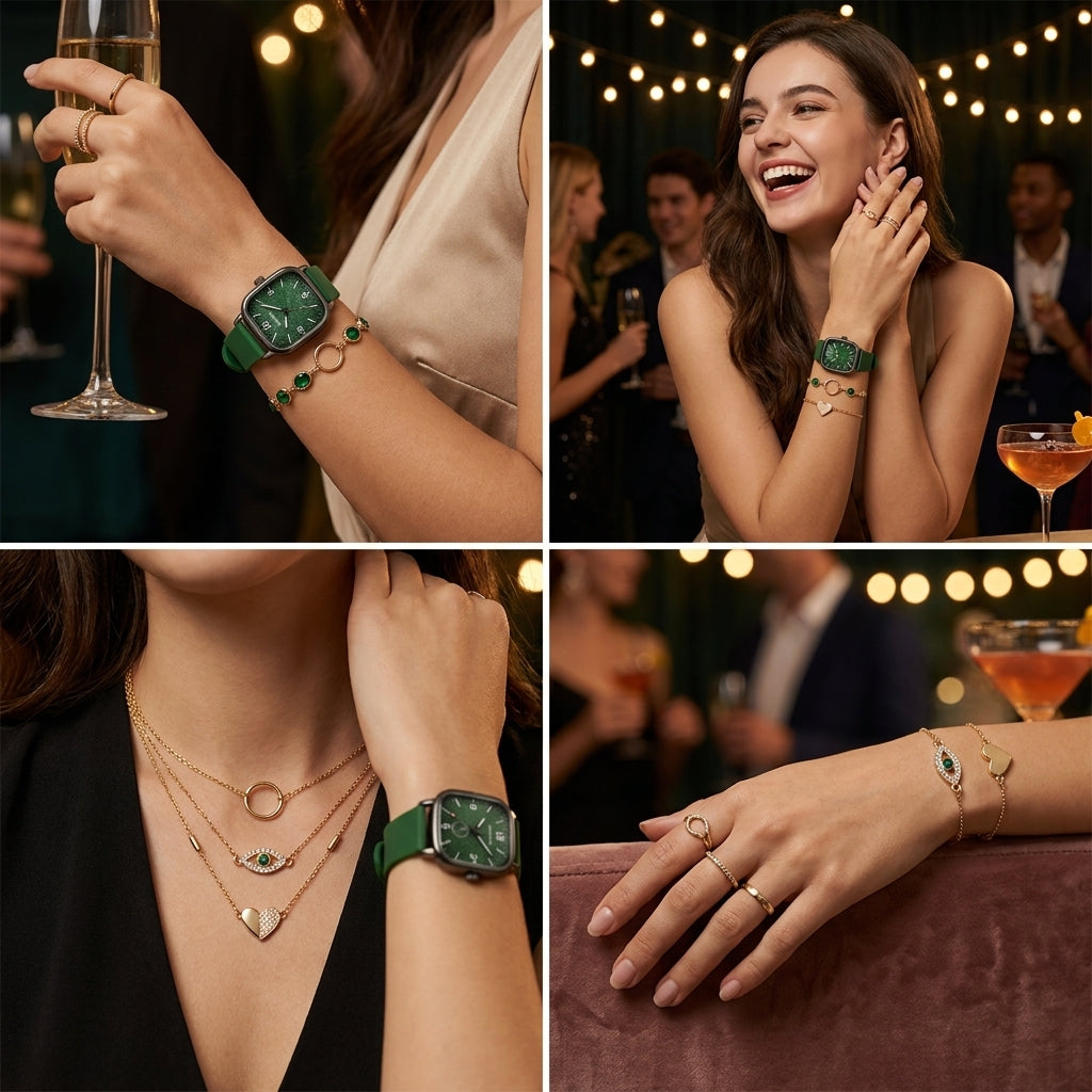 Collage of a woman wearing various pieces of jewelry in a social setting.