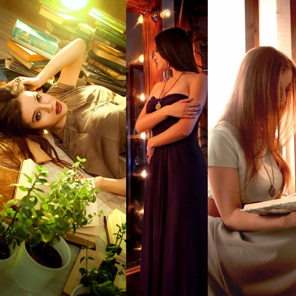 Three collage images of women in different settings with books, a plant, and a window.