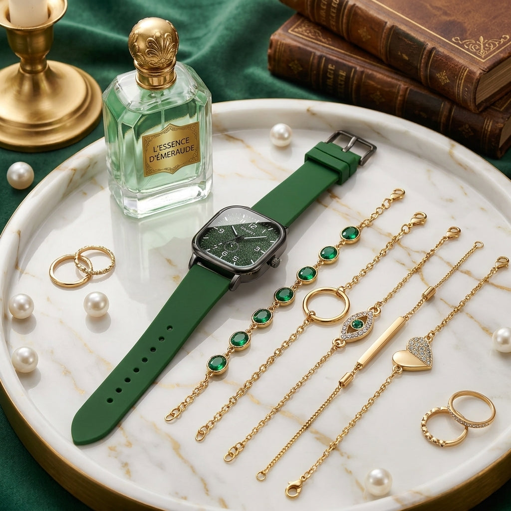Green watch, jewelry, and perfume bottle on a marble tray with books in the background
