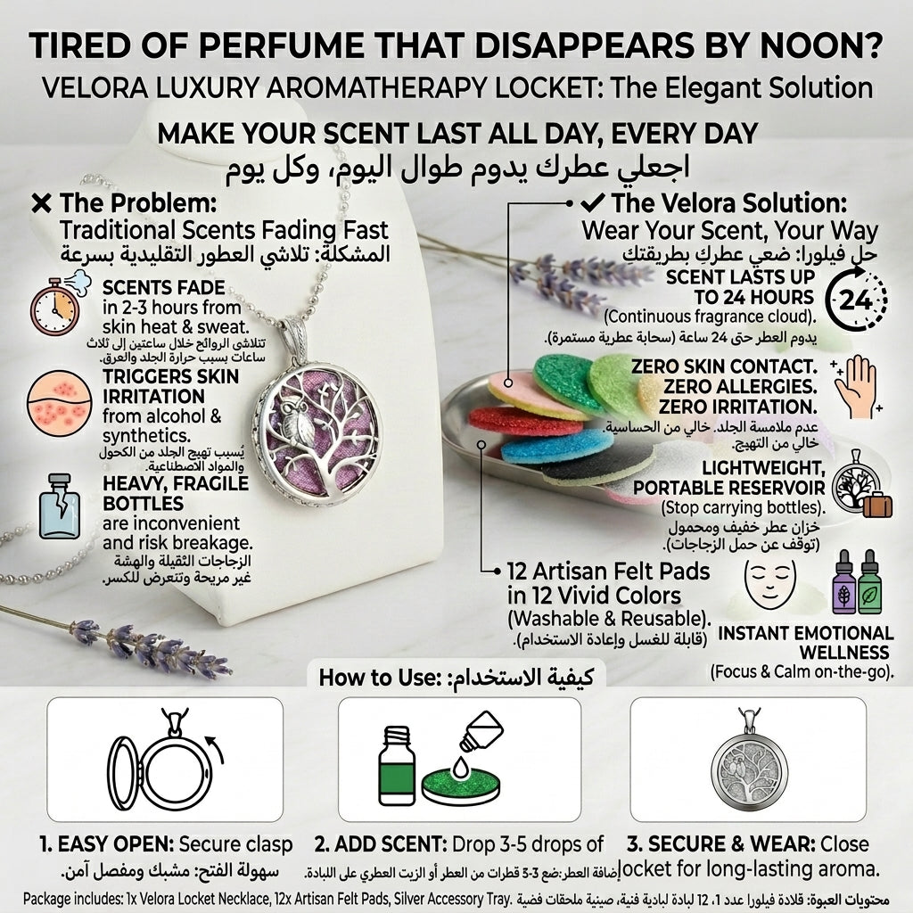 Velora luxury aromatherapy diffuser locket necklace infographic showing benefits, problems solved, and 3-step how to use guide in Arabic and English.