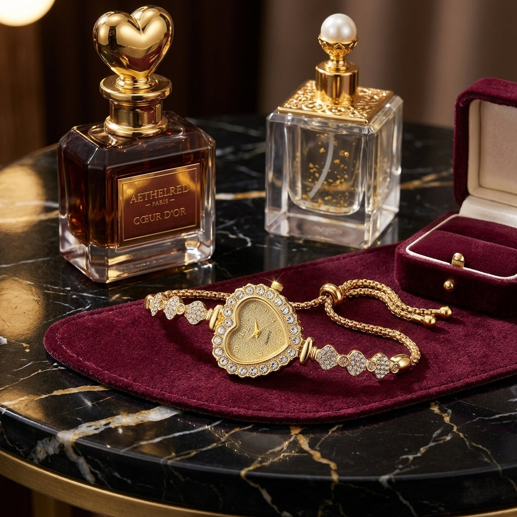 Two perfume bottles and a gold bracelet on a dark marble surface