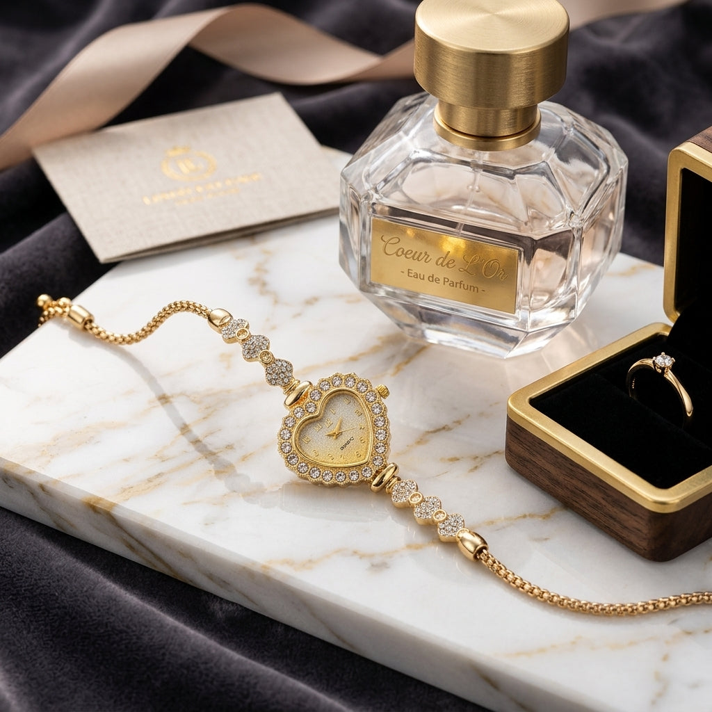 Gold watch, perfume bottle, and ring on a marble surface