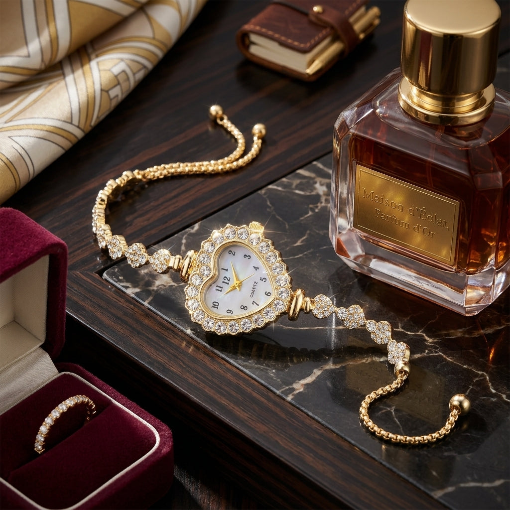Gold watch with diamond accents on a dark surface next to a perfume bottle and jewelry box.
