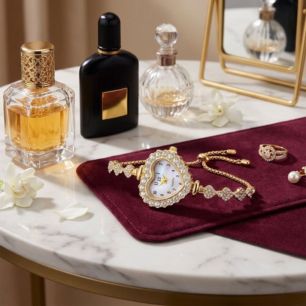 Luxury jewelry and perfume set on a marble surface with a mirror in the background.