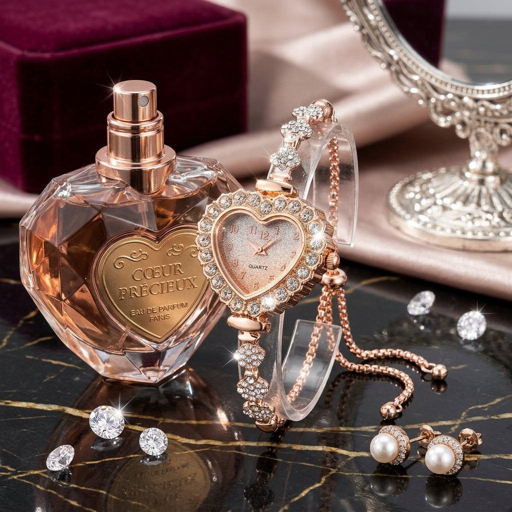 Heart-shaped perfume bottle, watch, and earrings on a reflective surface with decorative background