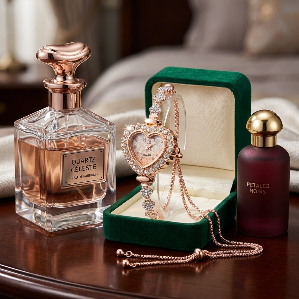 Two perfume bottles and a heart-shaped watch on a wooden surface.