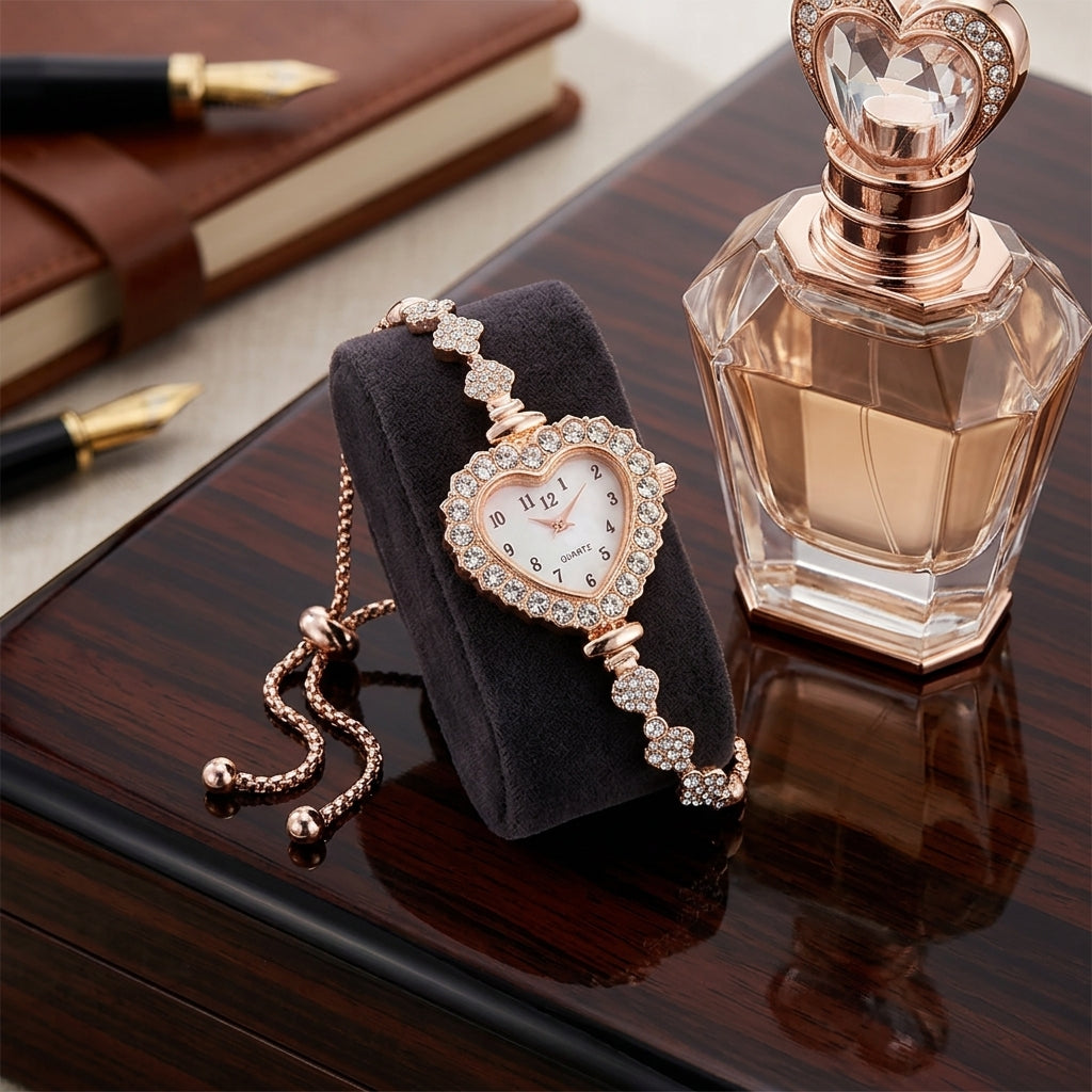 Heart-shaped watch with rose gold accents on a black stand next to a perfume bottle on a reflective surface.