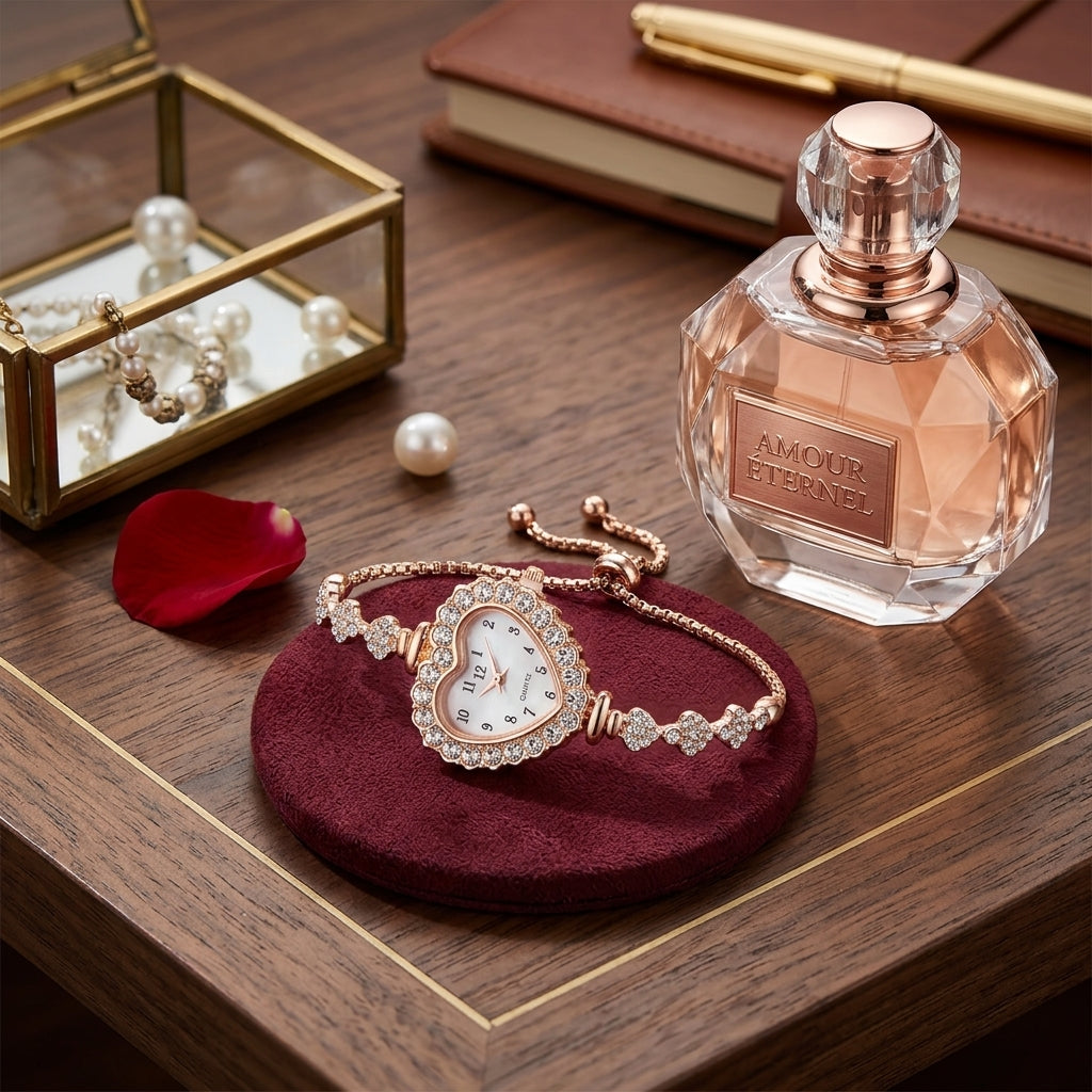 Perfume bottle, watch, and jewelry on a wooden surface