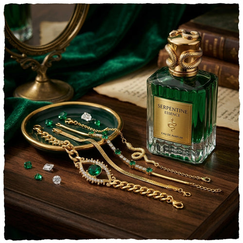 Veridian jewelry and perfume set on a marble surface with a photo frame and books.