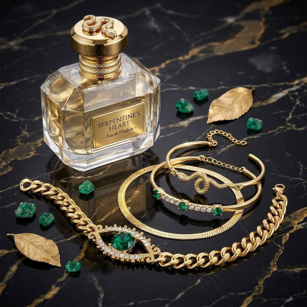 Perfume bottle labeled 'Serpentine's Heart' with gold jewelry and emeralds on a dark marble surface