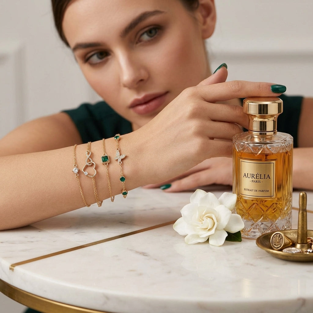 Woman holding a bottle of Aurelia perfume on a marble table with a flower and jewelry.
