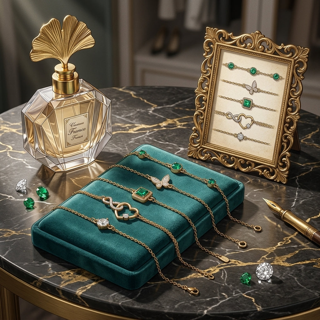 Jewelry set with gold necklaces on a teal box, perfume bottle, and decorative frame with jewelry on a marble surface.
