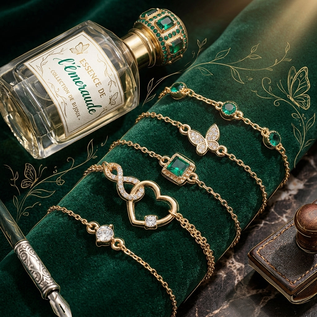 Gold jewelry with emerald stones on a green velvet surface next to a perfume bottle.