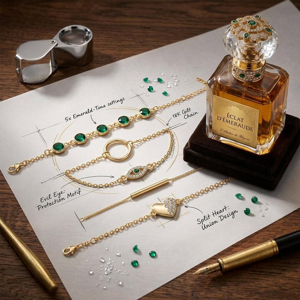 Gold jewelry set with emerald stones and a perfume bottle labeled 'Éclat d'Emeraude' on a wooden surface.