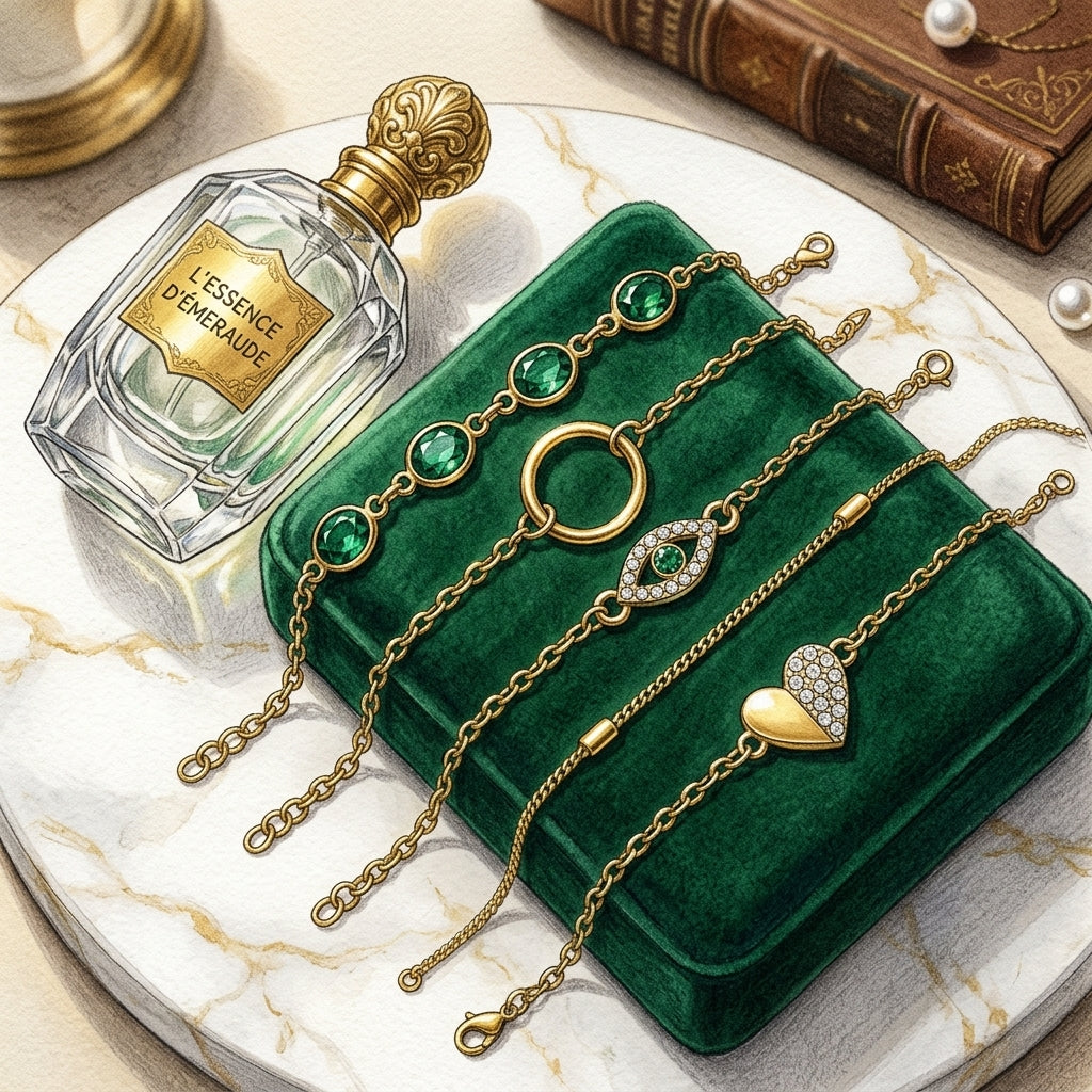 Gold bracelets with green gemstones on a green velvet box next to a perfume bottle.