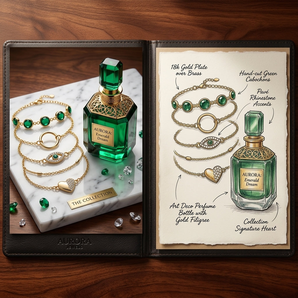 Green perfume bottle with jewelry on a wooden surface