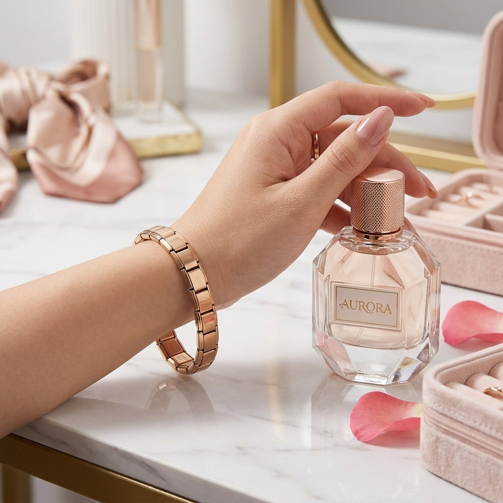Hand holding a 'Aurora' perfume bottle on a table with pink petals and jewelry box.