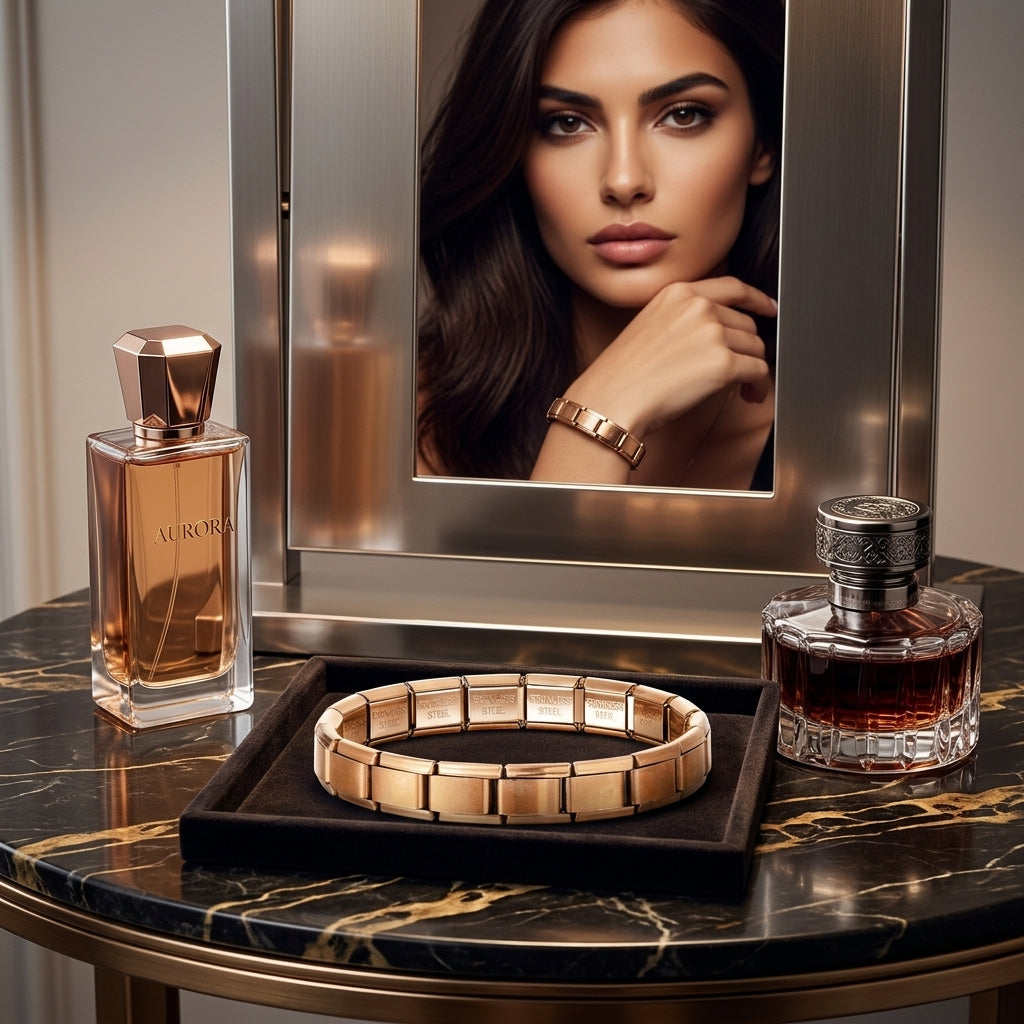 Two perfume bottles on a marble surface with a mirror reflecting a woman's face.