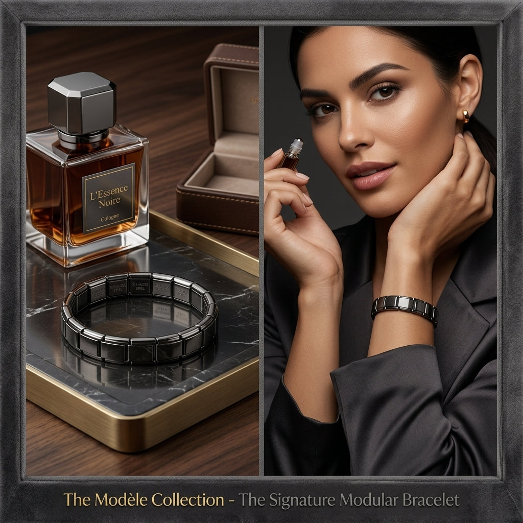Collage of a perfume bottle, jewelry box, bracelet, and a woman wearing jewelry with 'The Modeèle Collection' branding.