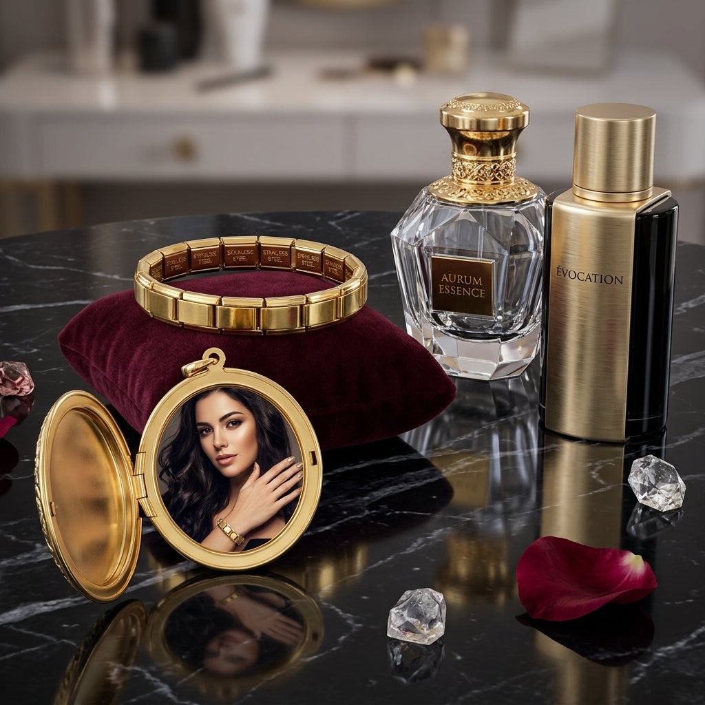 Gold compact mirror with a photo of a woman, gold bracelet, and two perfume bottles on a reflective surface.