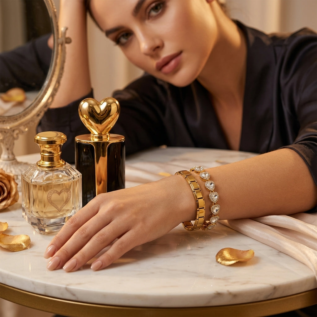 Woman with bracelets near a perfume bottle and decorative heart on a marble table.