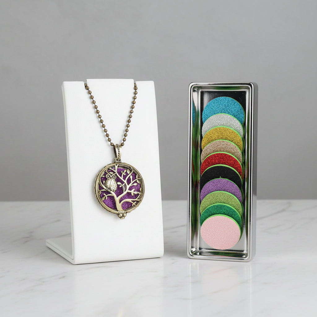 Decorative necklace with a tree design and colorful round perfume pads on a white background.