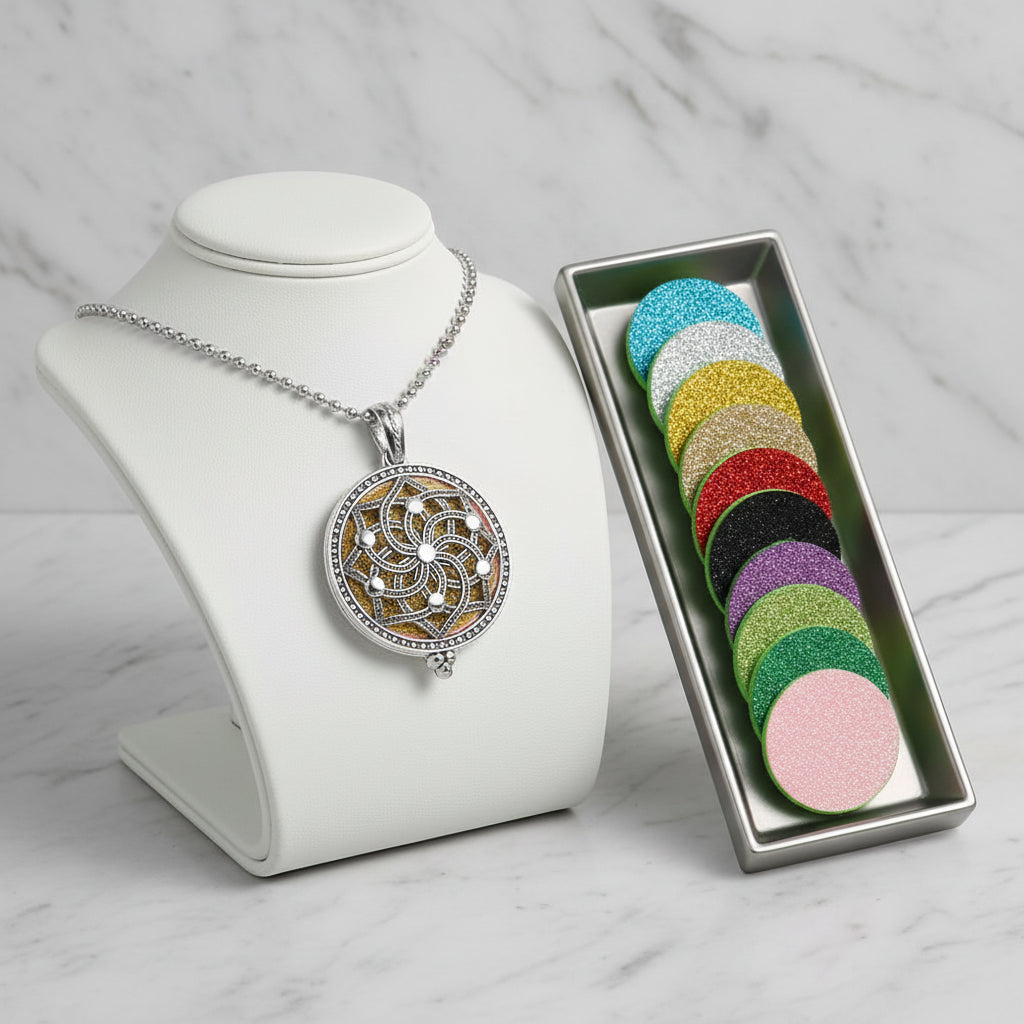 Decorative pendant necklace with colorful disc refills on a white background