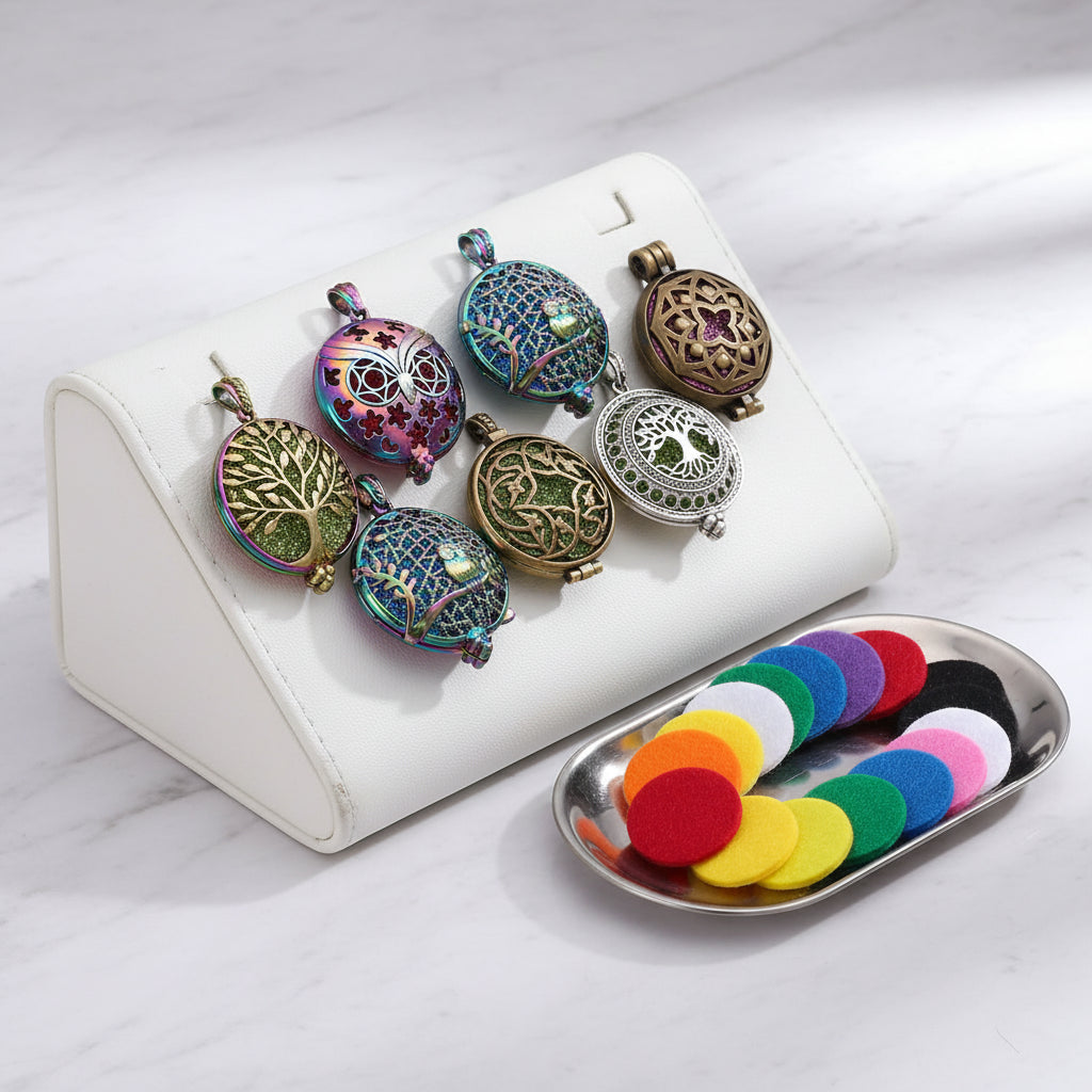 Collection of colorful necklaces with various pendants on a white background