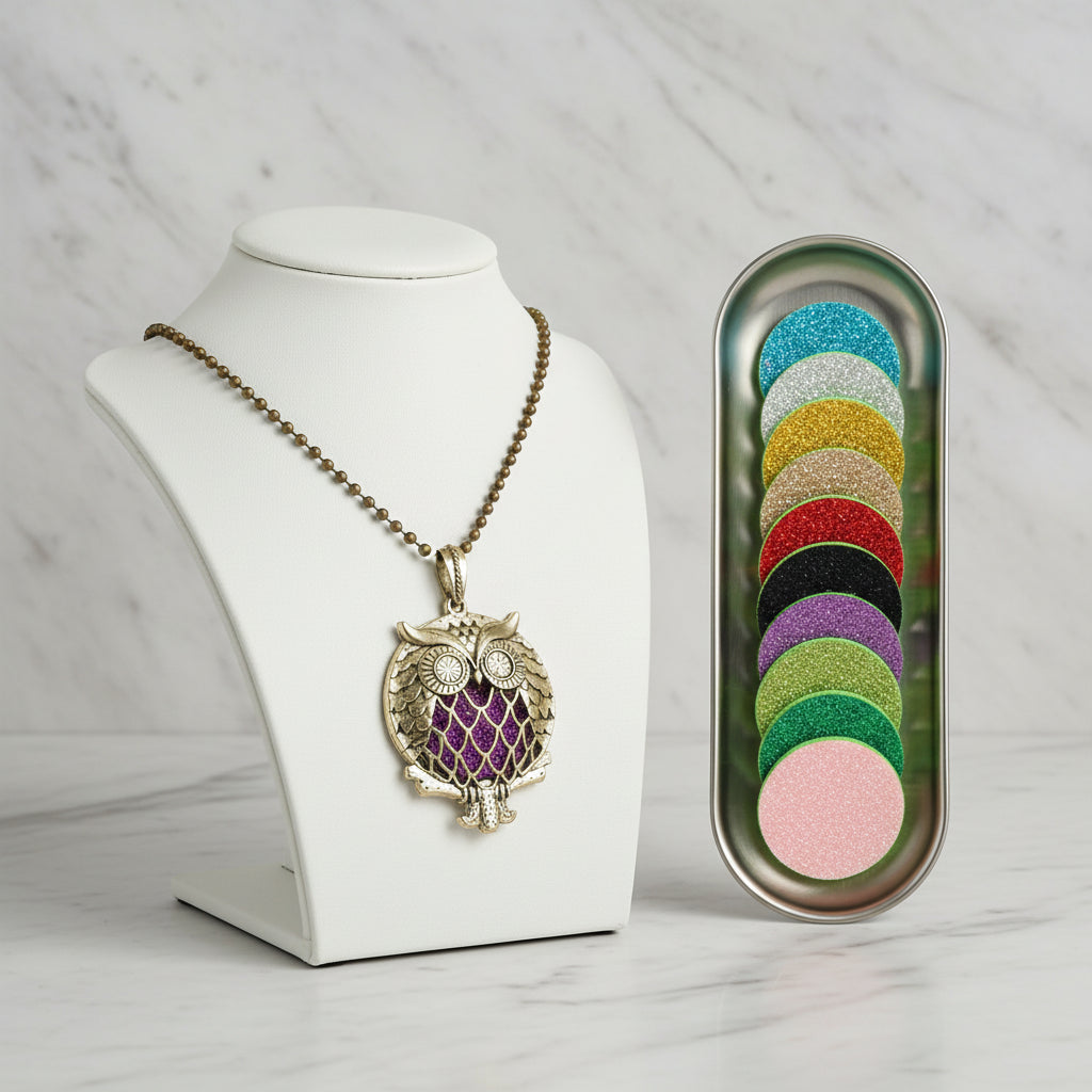 Owl-shaped necklace with a row of colorful round pendants on a white background.