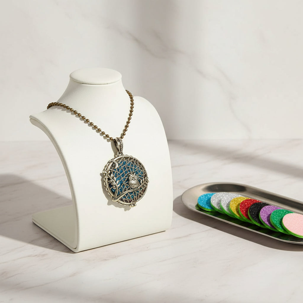 Decorative necklace with an owl pendant and a set of colorful round perfume pads on a white background.