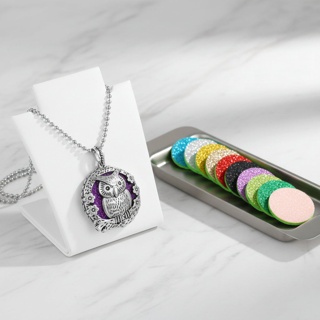 Silver owl pendant necklace with colorful sample discs on a white background
