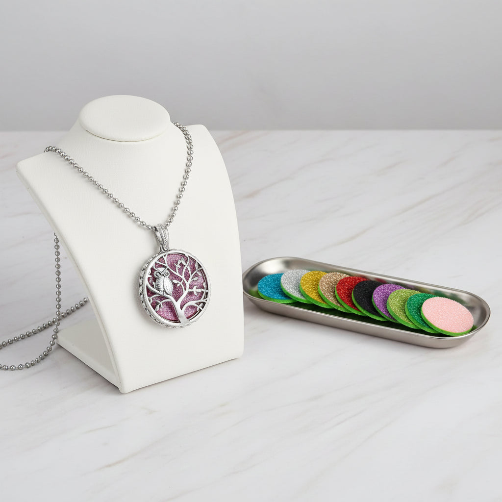Tree of Life pendant necklace with colorful scent pads on a white background