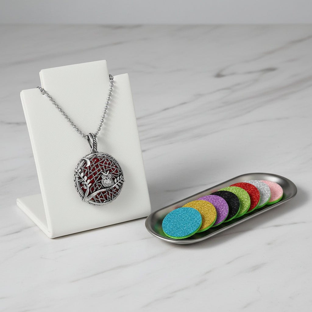 Necklace with an owl pendant and a set of colorful round perfume pads on a white background.