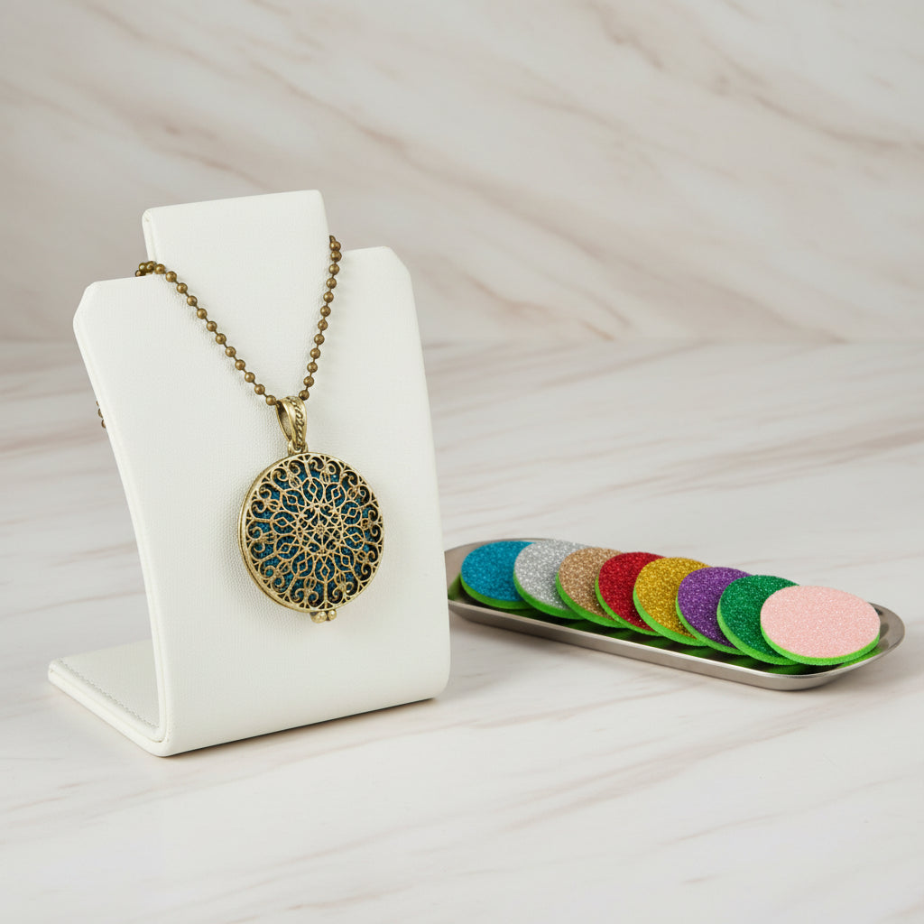 Decorative pendant necklace with a row of colorful glittery discs on a white background.