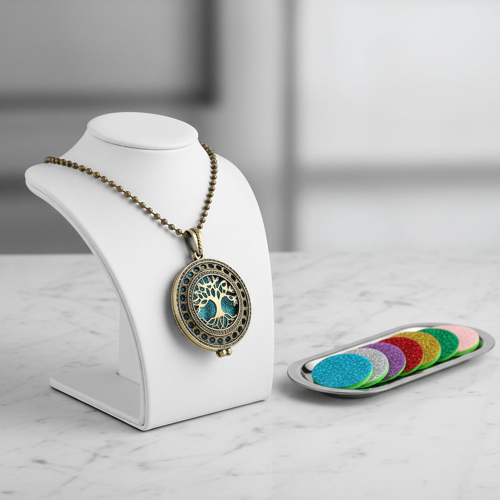 Decorative necklace with tree of life design next to colorful round perfume pads on a white background.