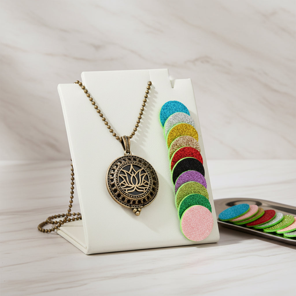 Decorative necklace with a lotus design and colorful refills on a white background