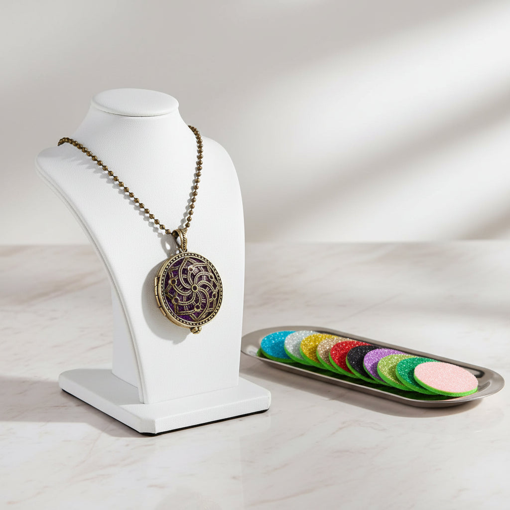 Decorative necklace with a purple and gold pendant next to colorful round perfume pads on a white background.