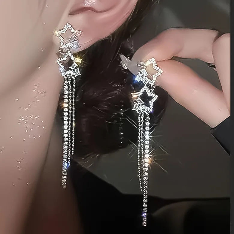 Velora Luxe Star Tassel Drop Earrings Zircon Silver