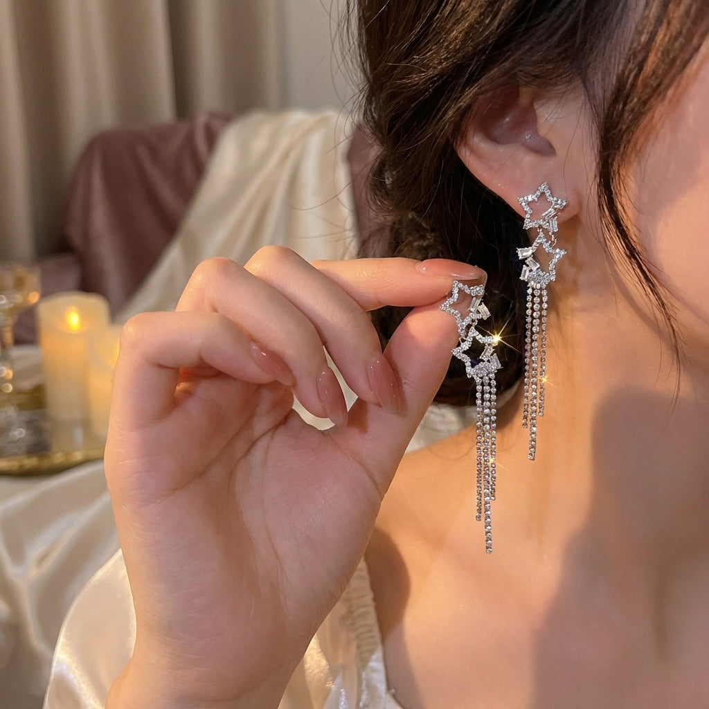 Velora Luxe Star Tassel Drop Earrings Zircon Silver