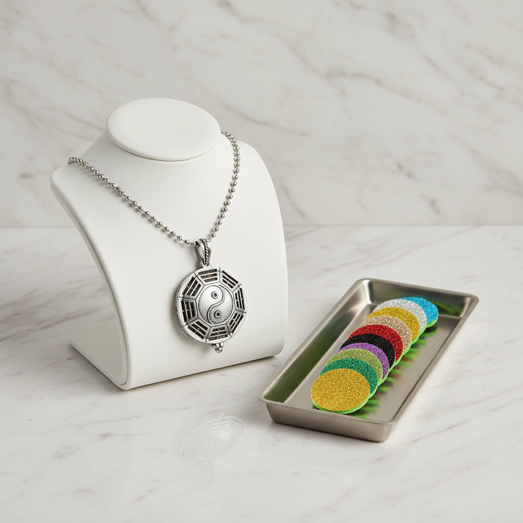 Silver pendant with yin yang symbol and colorful refills on a white background