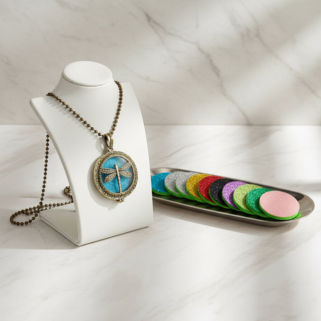 Dragonfly-themed locket necklace with colorful refills on a white background