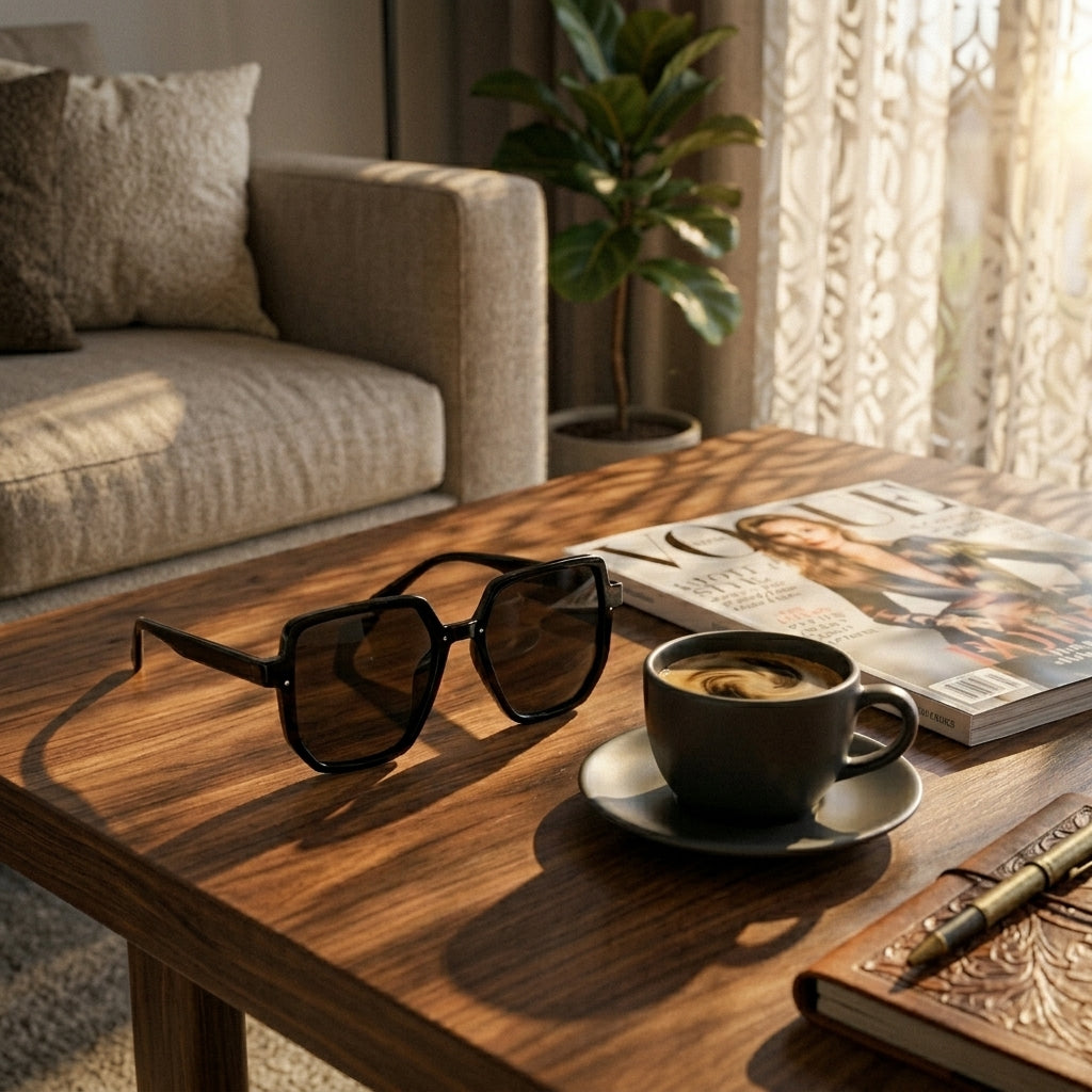 Sunglasses, coffee cup, and notebook on a wooden table in a cozy living room.